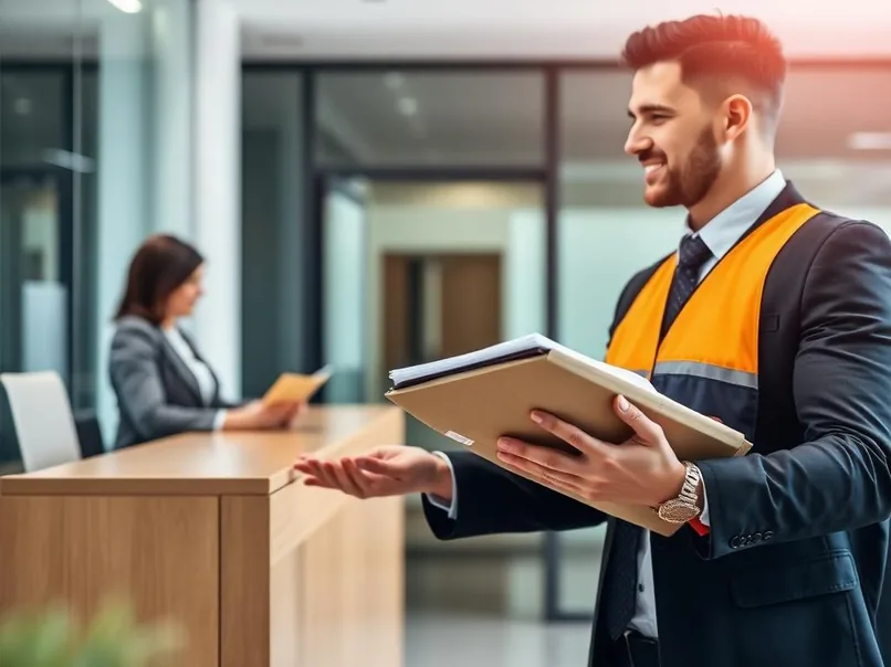 مندوب توصيل يسلّم مستندات وطرد في مكتب شركة
