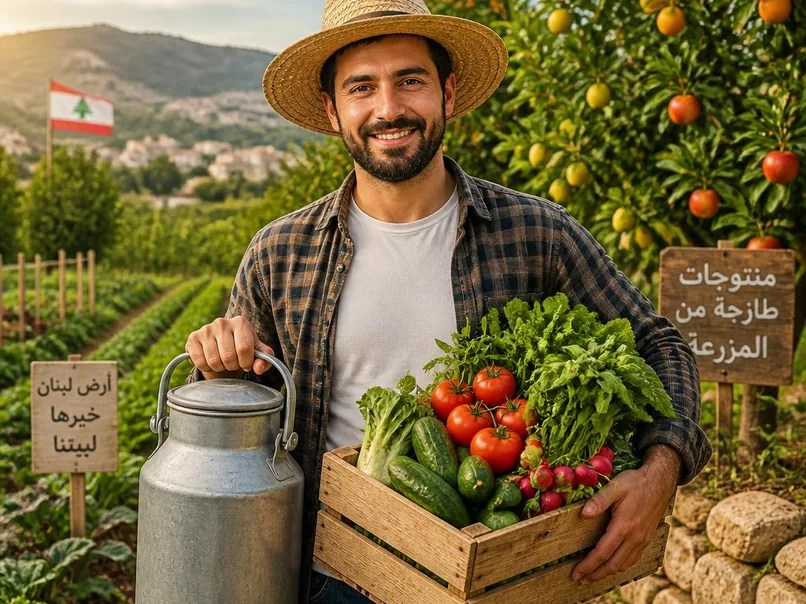 مزارع يحمل علبة حليب وصندوق خضار طازج من المزرعة