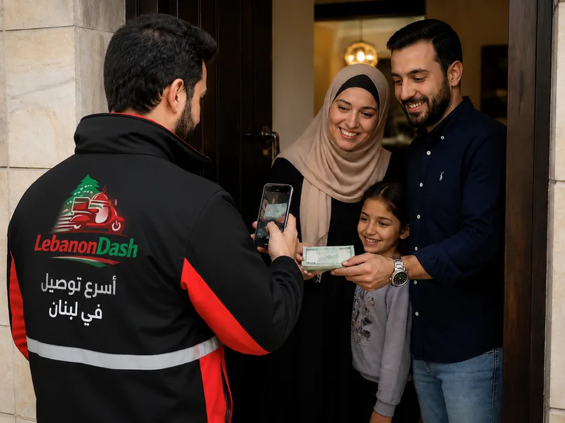 مندوب يسلّم مغلف أموال إلى عائلة عند باب المنزل